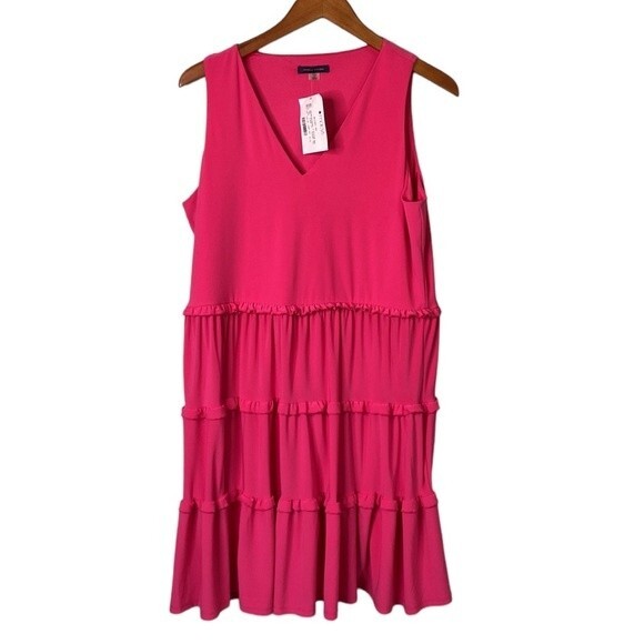 Tommy Hilfiger V-Neck Tiered Ruffle Sleeveless Shift Dress Flowy Barbiecore - Picture 6 of 16